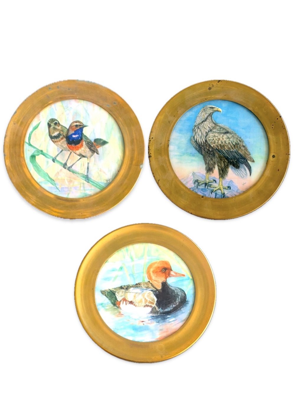 3pc Vintage West Germany Keramik Brass Rim Wall Plate Wildlife Painting Set